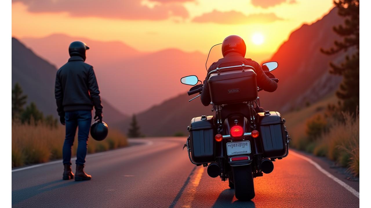 Touring motorcycle loaded with saddlebags, tank bag, and tail bag, ready for an adventure on an open road.