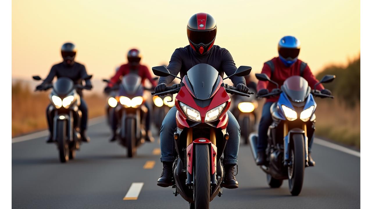 Diverse group of motorcycle riders wearing various styles of helmets, vibrant and action-oriented
