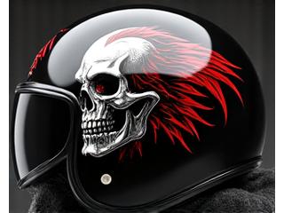 Close-up of a motorcycle helmet with intricate skull and flame decals